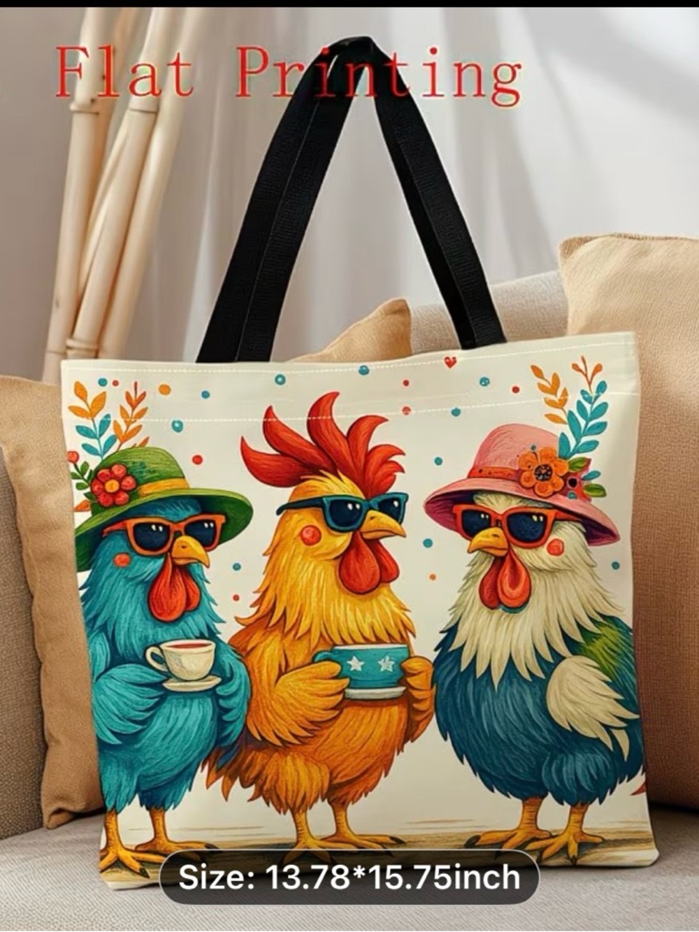 Colorful Rooster Print Tote Bag in Cream with Black Handles